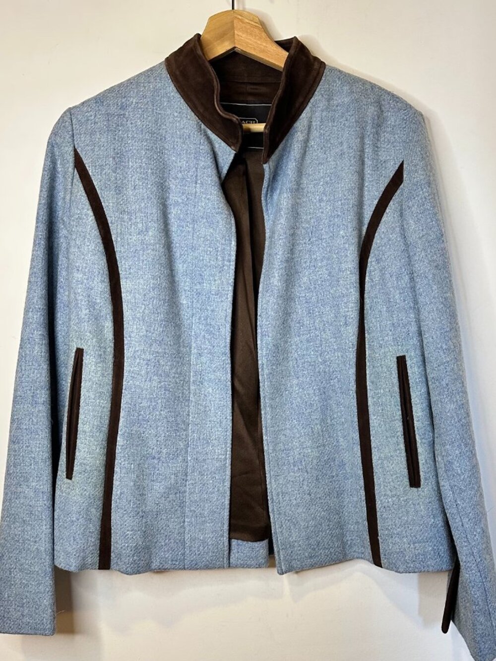 Coach Dusty Blue Wool jacket with Dark Brown Suede Trim